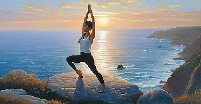 A yoga practitioner in tree pose on a cliff at sunset, overlooking the ocean.