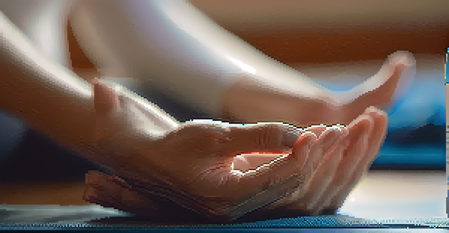 A close-up of hands in a mudra position on a yoga mat.