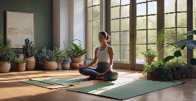 A person meditating on a yoga mat in a bright, serene studio surrounded by plants and soft natural light.