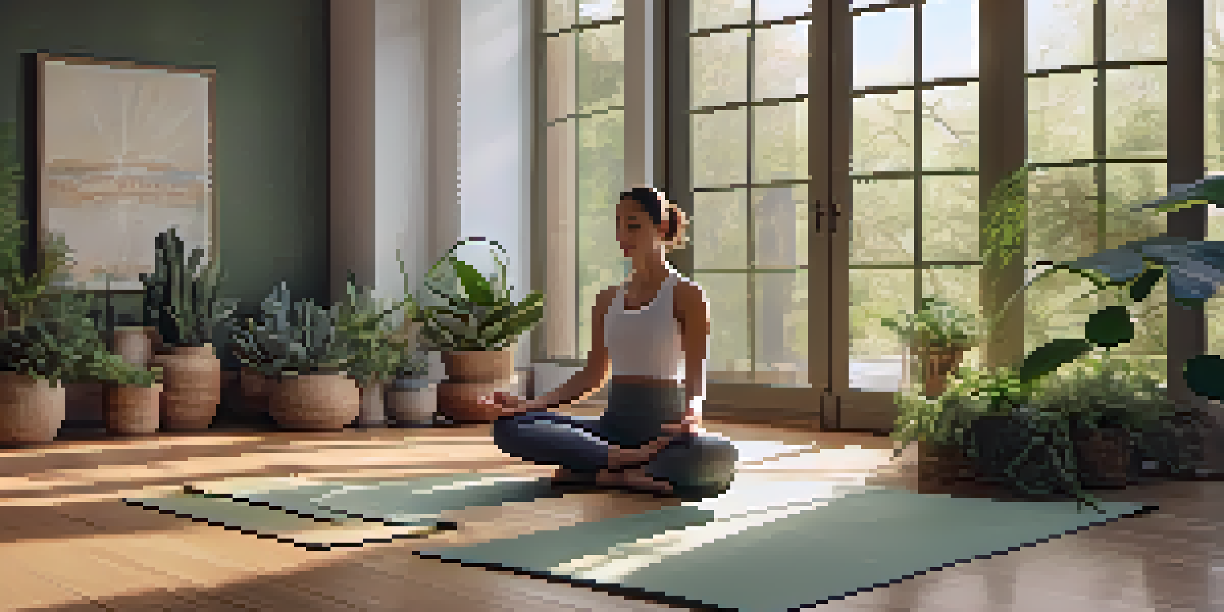 A person meditating on a yoga mat in a bright, serene studio surrounded by plants and soft natural light.