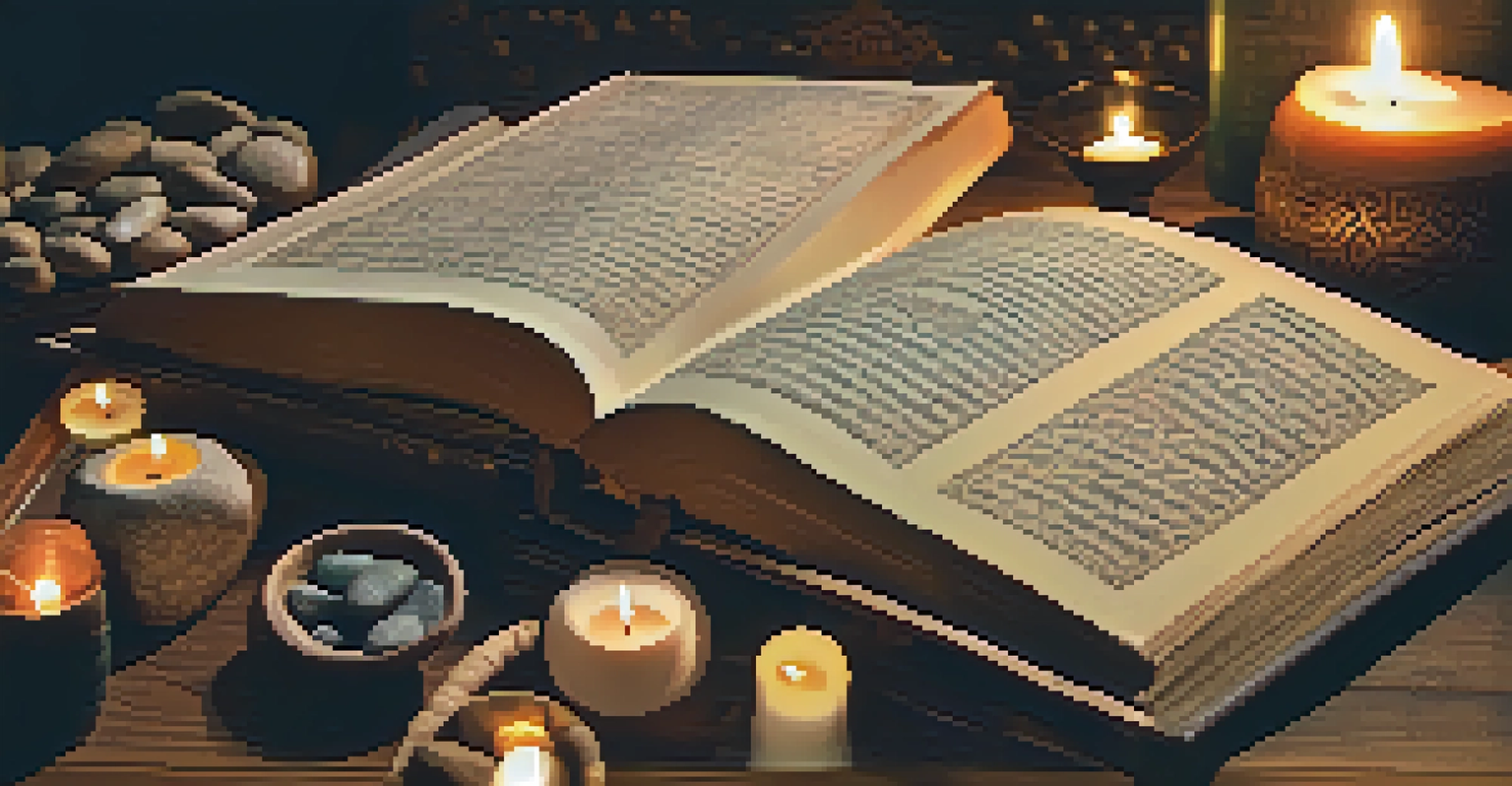 An artistic view of ancient yoga texts illuminated by candlelight on a wooden table with natural elements surrounding them.