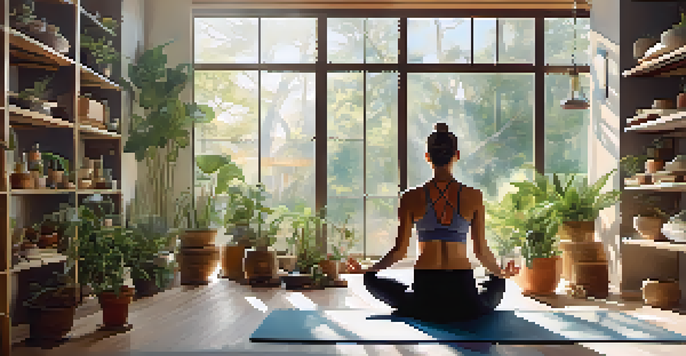 A person practicing diaphragmatic breathing in a peaceful yoga studio with natural light and plants.