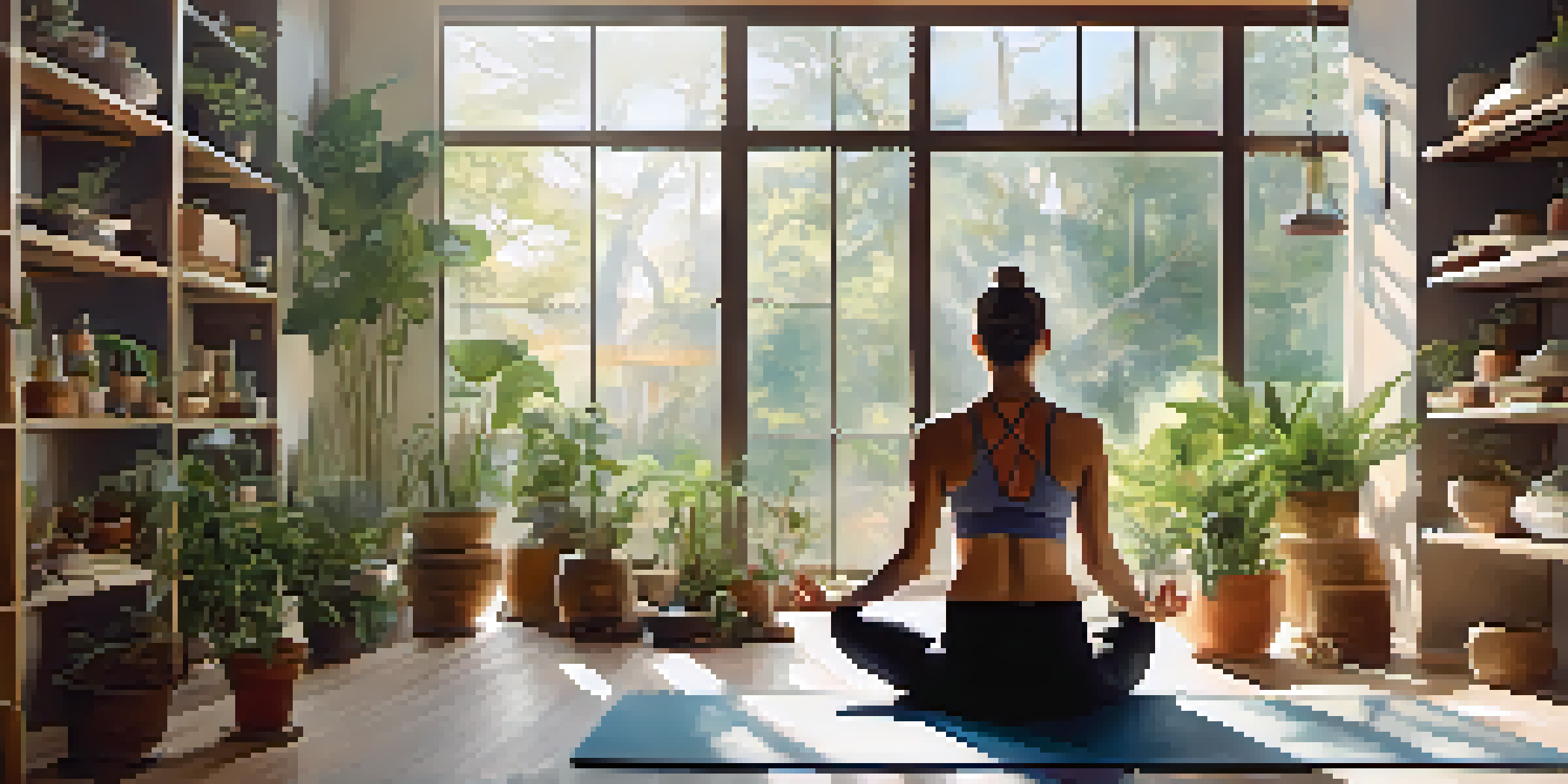 A person practicing diaphragmatic breathing in a peaceful yoga studio with natural light and plants.