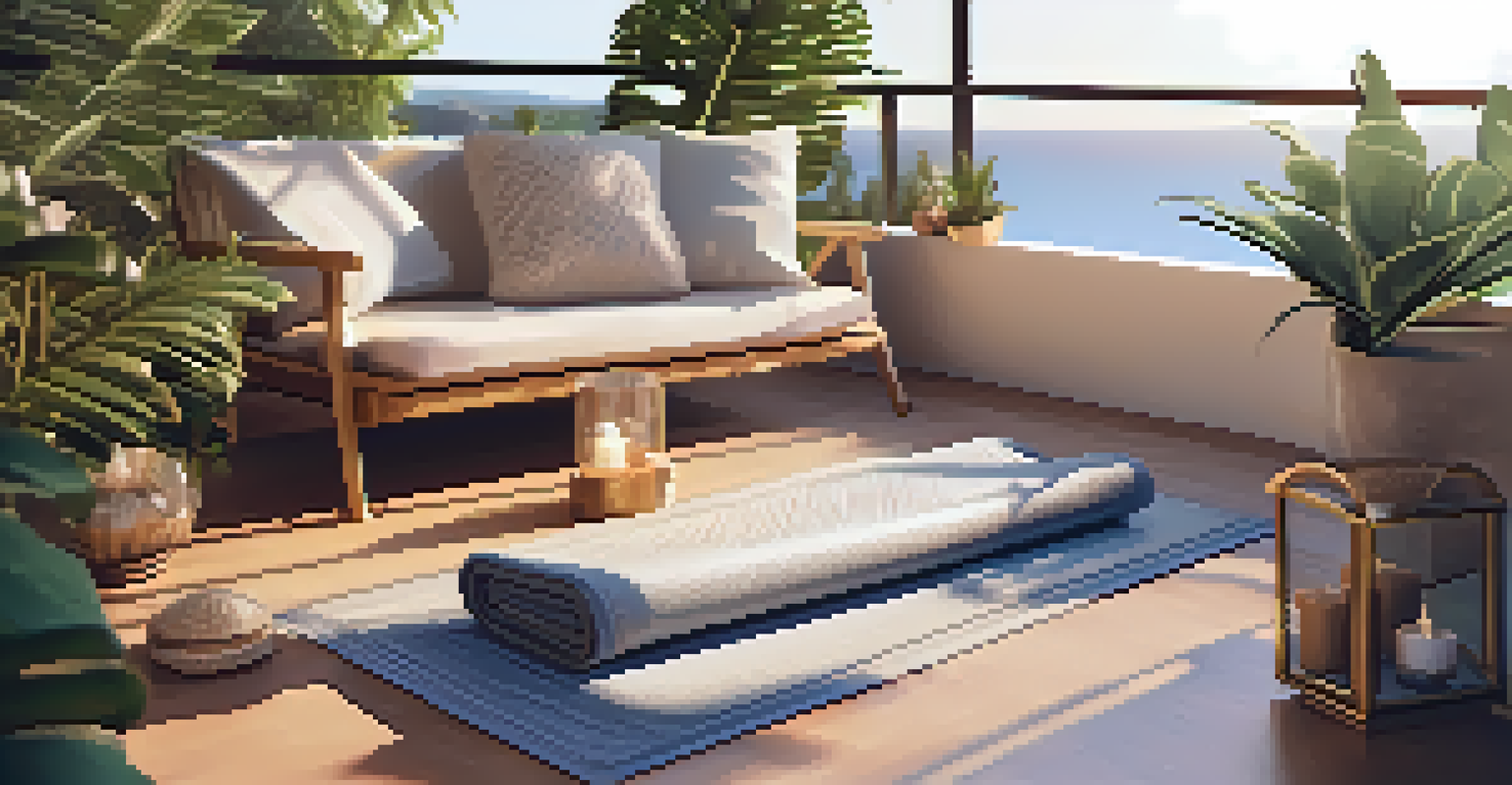 A cozy yoga setup on a balcony with a yoga mat, cushions, and greenery, illuminated by golden hour light.