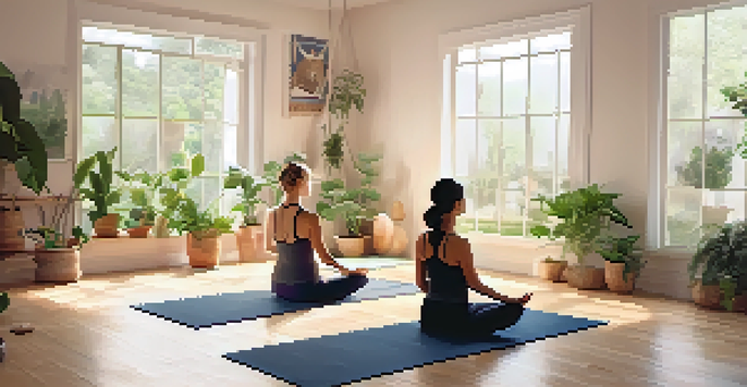 A peaceful yoga studio with people practicing gentle yoga poses, surrounded by plants and soft lighting.