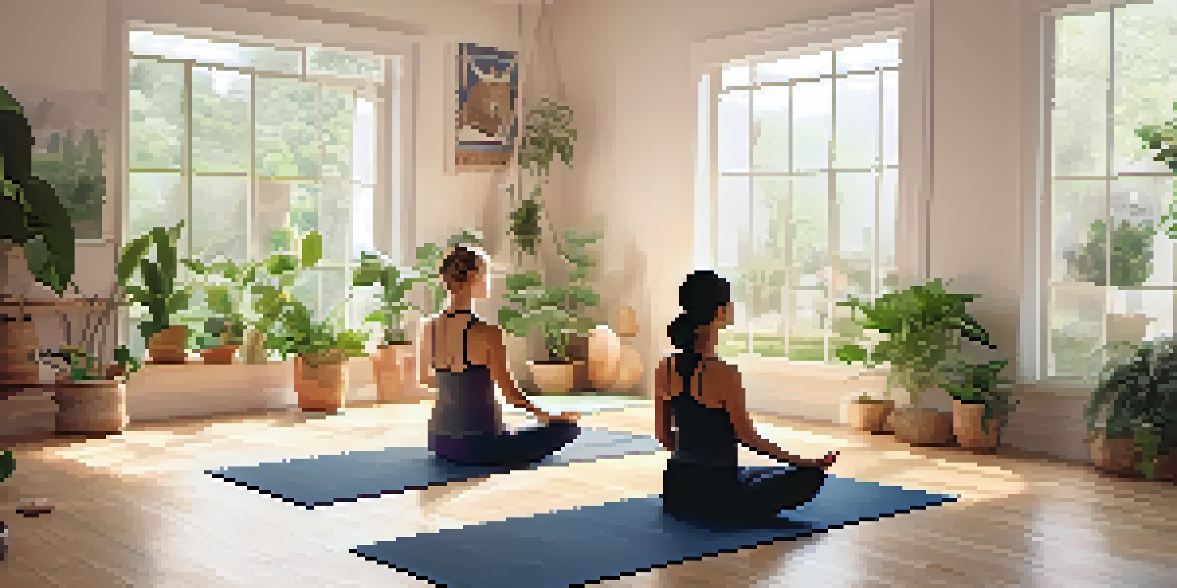 A peaceful yoga studio with people practicing gentle yoga poses, surrounded by plants and soft lighting.