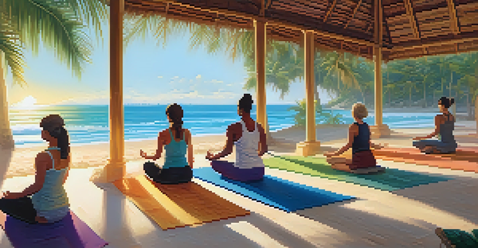 A peaceful scene of individuals practicing yoga on a tropical beach at sunrise, with palm trees and gentle waves in the background.
