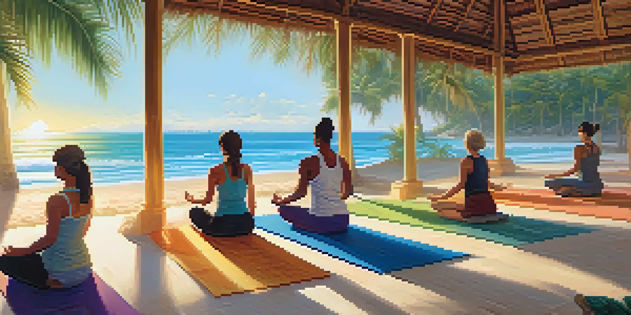 A peaceful scene of individuals practicing yoga on a tropical beach at sunrise, with palm trees and gentle waves in the background.