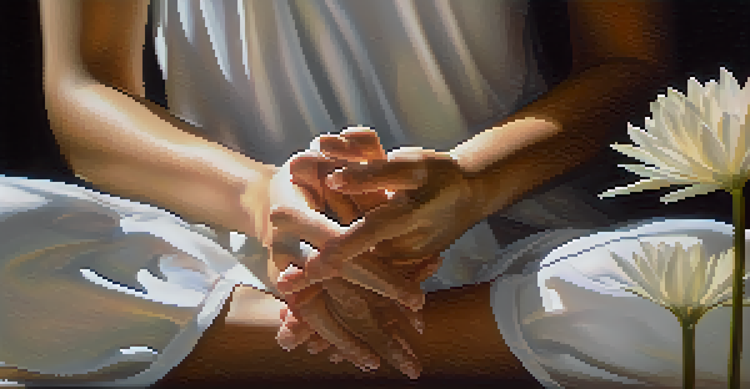 Close-up of hands in meditation with a flower in the background.