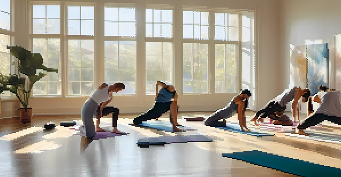 A diverse group of people practicing yoga in a bright studio with wooden floors and large windows.