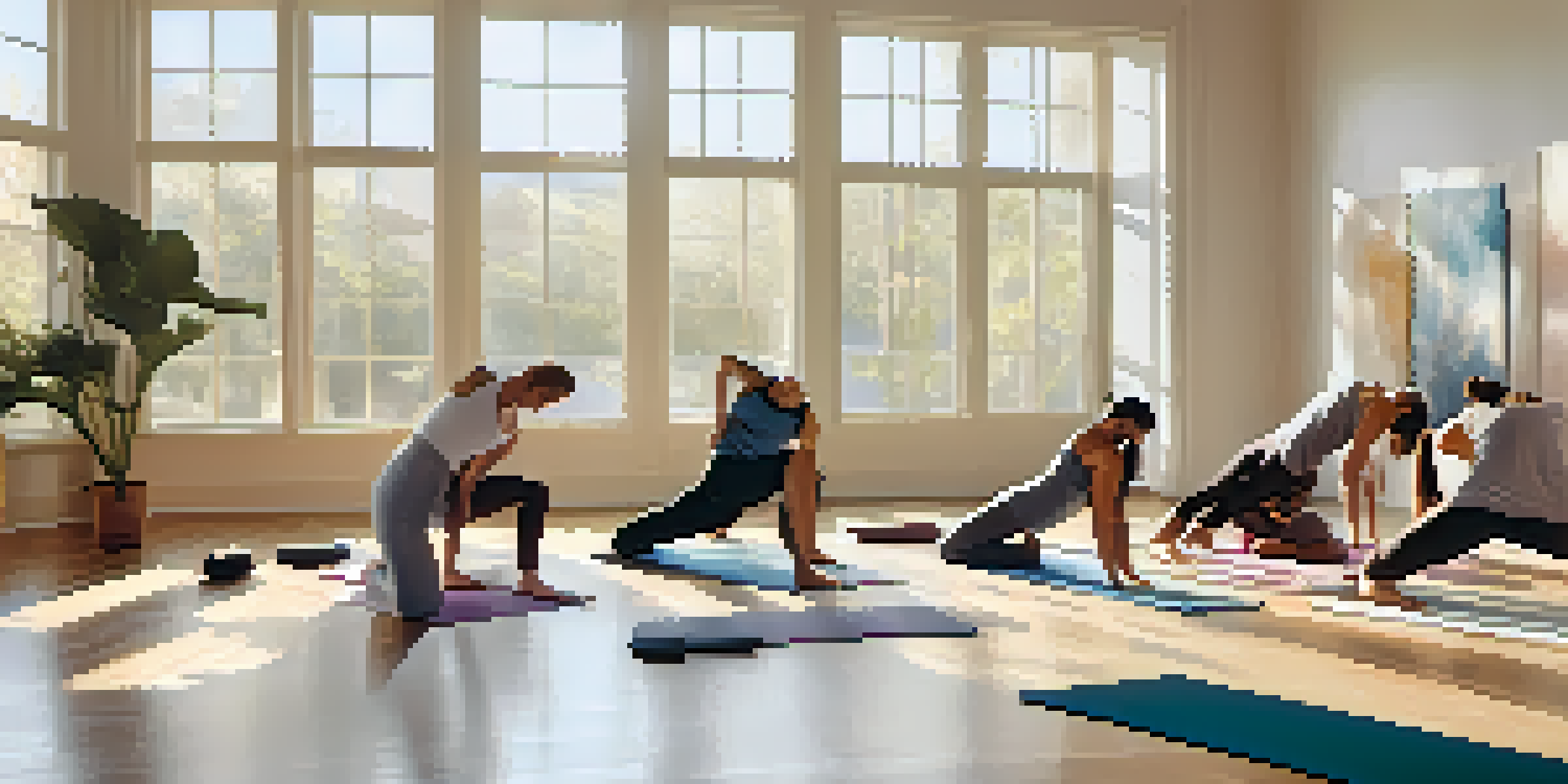 A diverse group of people practicing yoga in a bright studio with wooden floors and large windows.