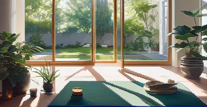A peaceful yoga studio with a person meditating on a mat, surrounded by plants and candles, illuminated by soft morning light.
