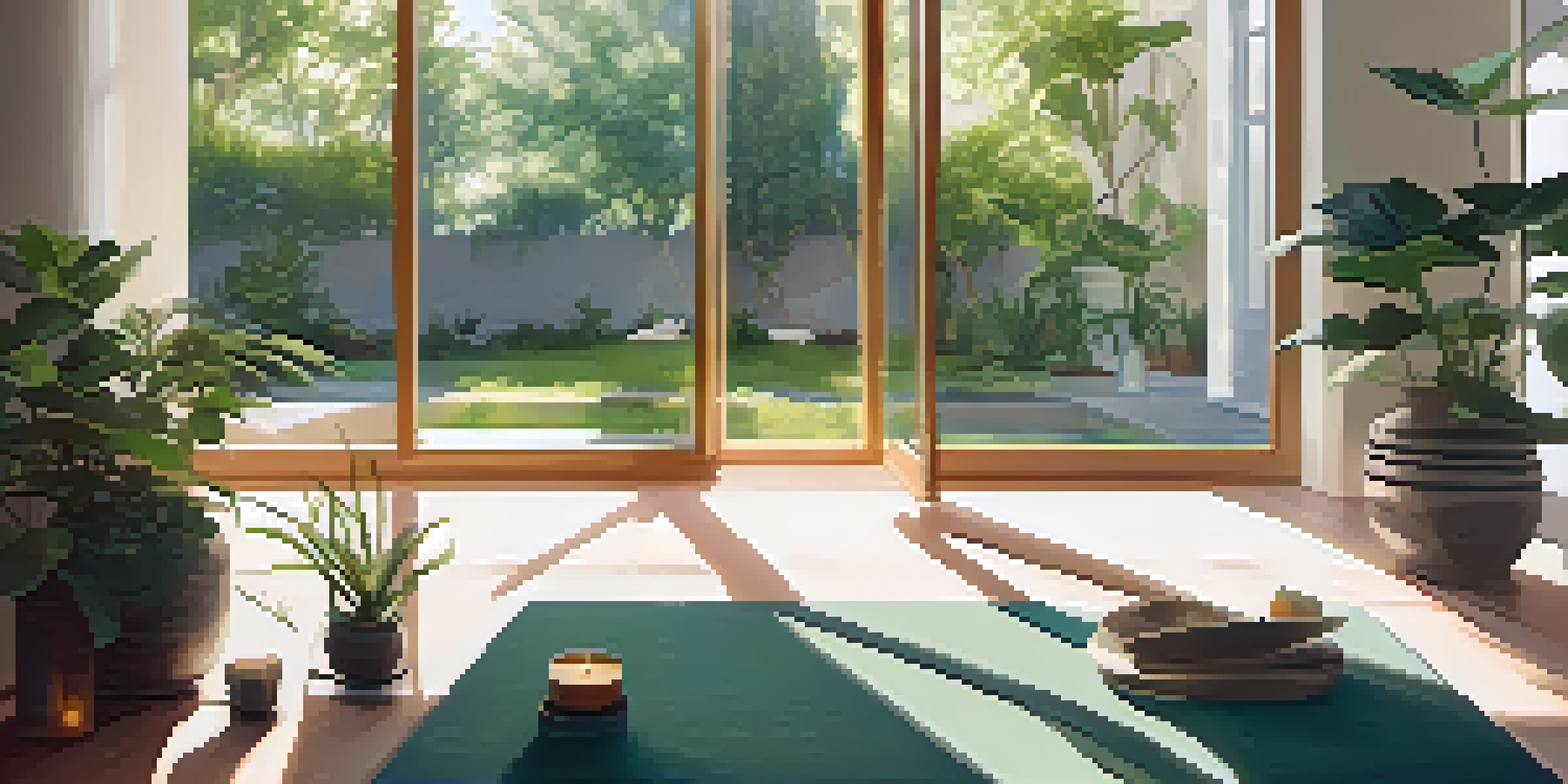 A peaceful yoga studio with a person meditating on a mat, surrounded by plants and candles, illuminated by soft morning light.