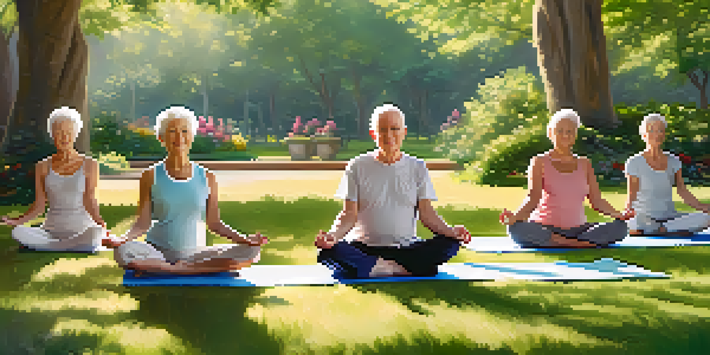 Seniors practicing gentle yoga in a sunlit park, showcasing poses amidst greenery and flowers.