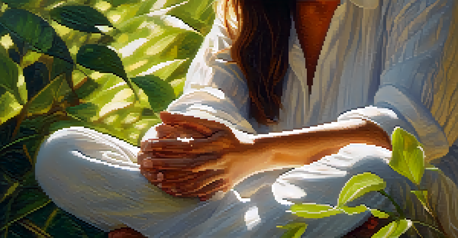 Close-up of hands in a meditation pose, surrounded by nature and dappled sunlight.