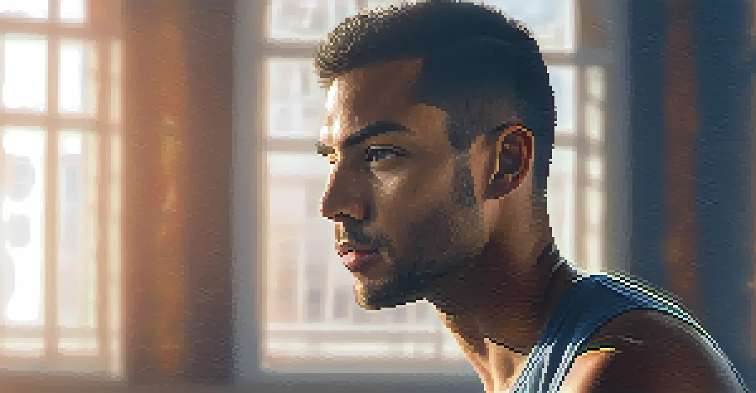 A close-up of a male athlete practicing deep breathing in a yoga class, with sunlight filtering through windows.