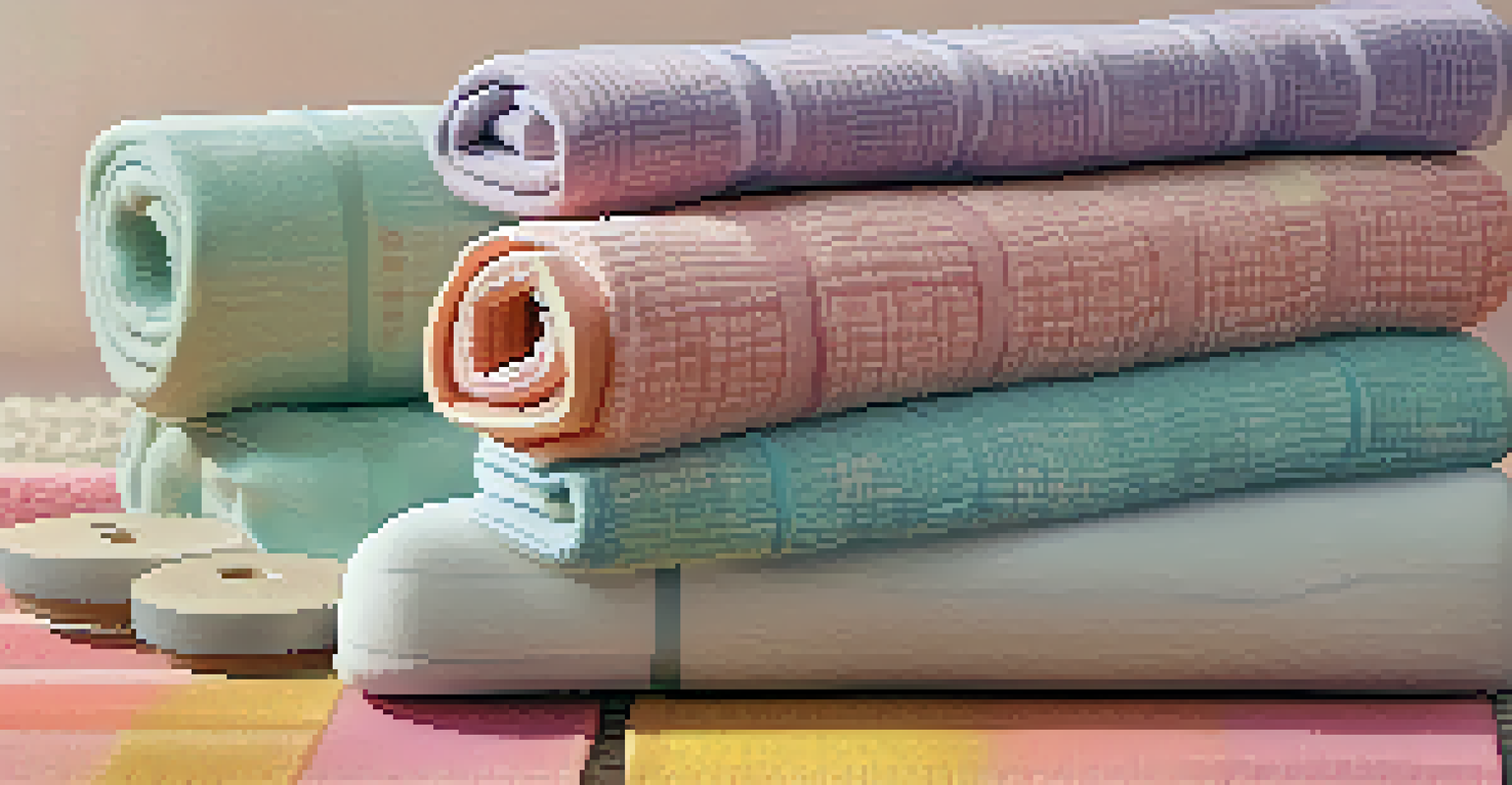 A close-up view of yoga blocks, straps, and a blanket in a calming pastel environment.