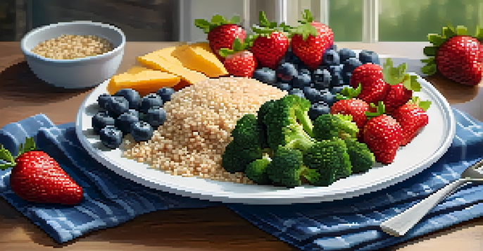 A colorful balanced plate of fruits, vegetables, grains, and protein, arranged artfully on a table.