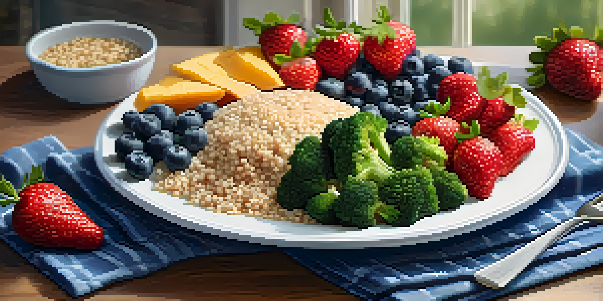 A colorful balanced plate of fruits, vegetables, grains, and protein, arranged artfully on a table.