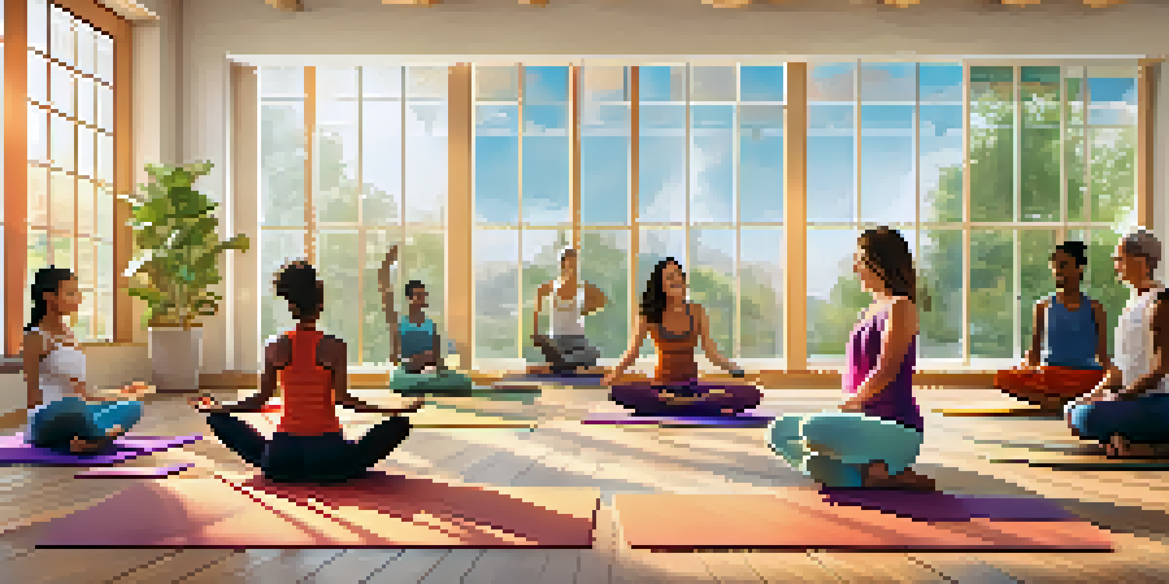 A group of diverse individuals practicing laughter yoga in a bright and welcoming studio, surrounded by plants and warm wooden floors.