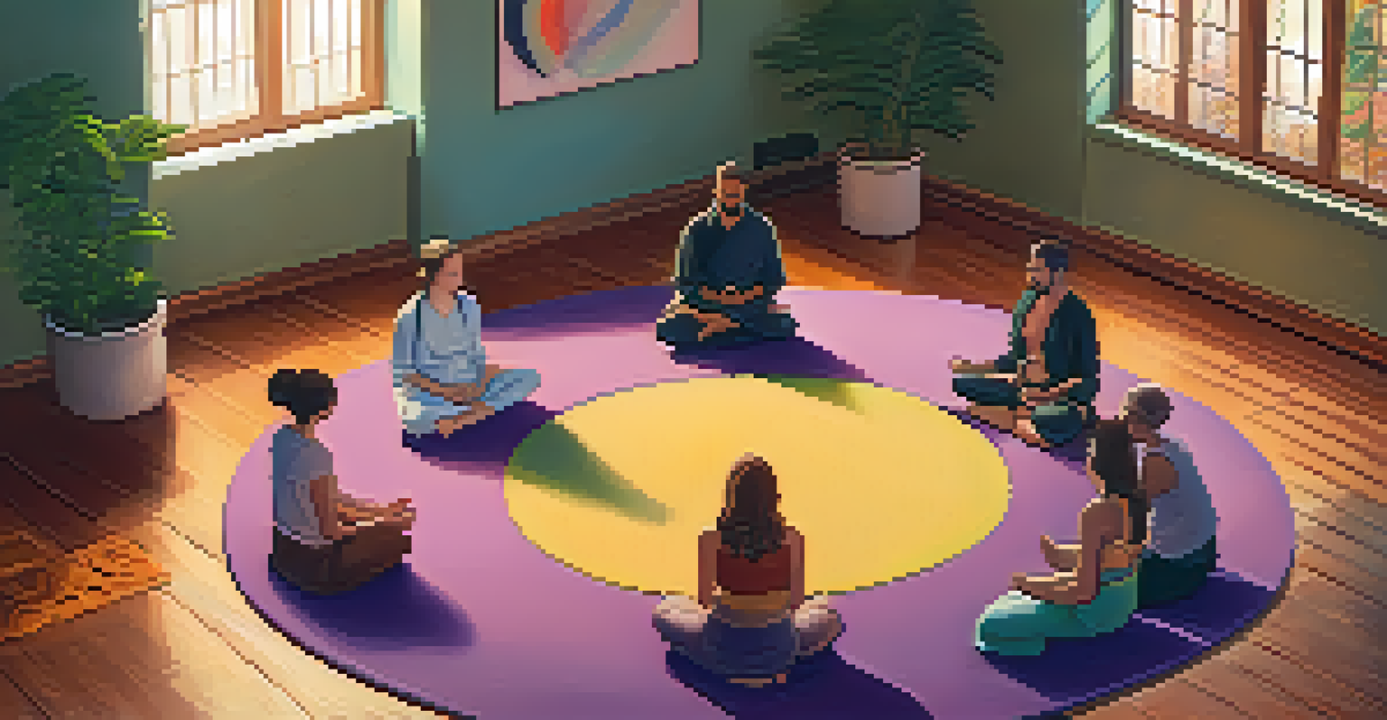An overhead view of a group of individuals practicing pranayama in a cozy indoor space, seated in a circle on colorful mats with soft lighting.