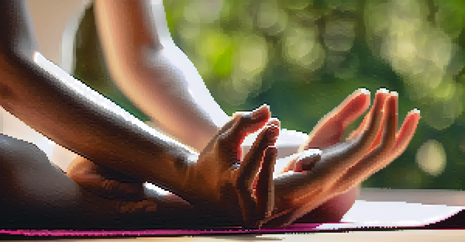 Close-up of hands in a meditative gesture on a textured yoga mat with a blurred nature background.