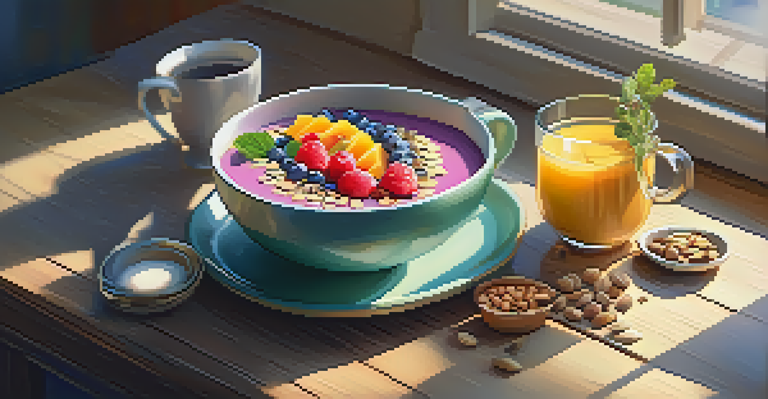 A breakfast table with a smoothie bowl and herbal tea in morning sunlight.