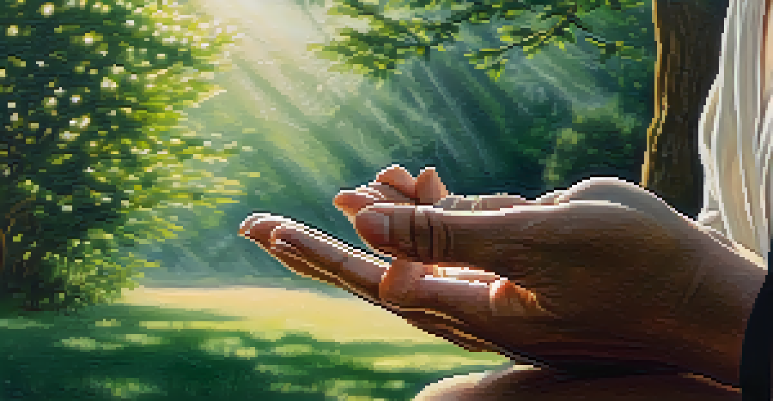 Hands practicing breath control in a peaceful outdoor setting with trees and soft light.