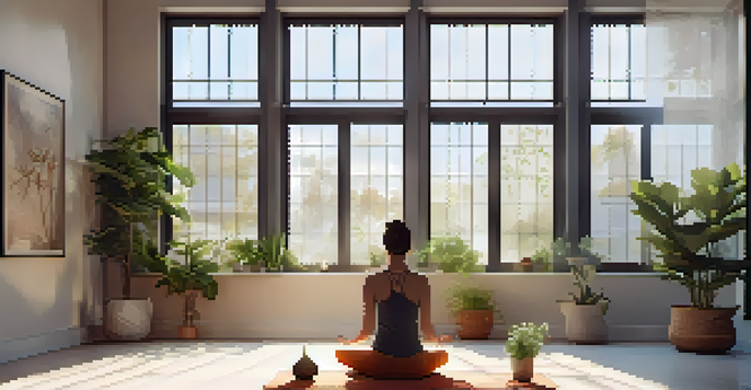 A peaceful yoga studio with a meditation corner, soft morning light, and calming decor.