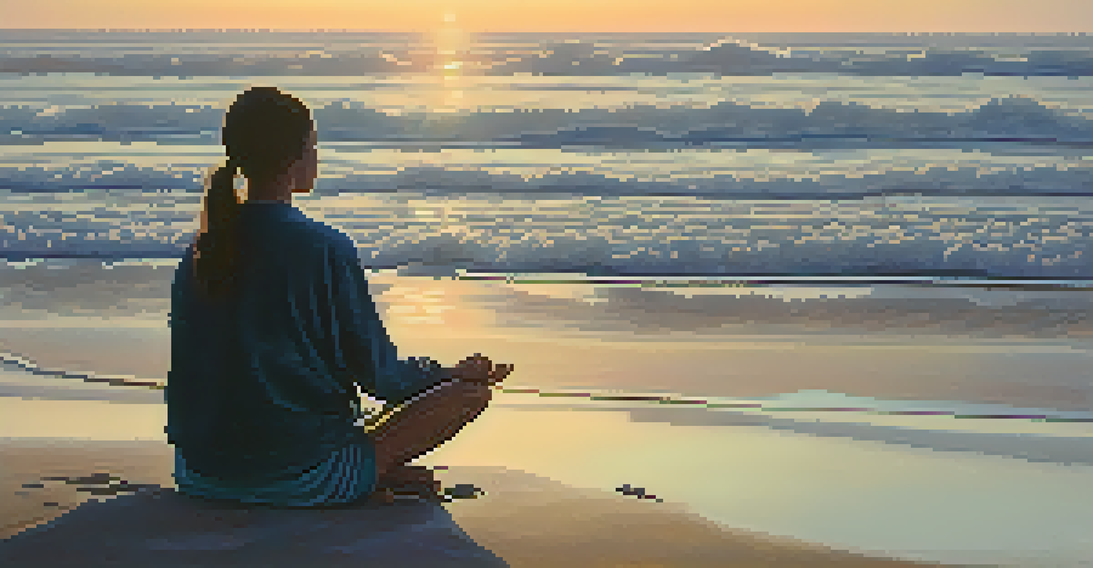 A person meditating cross-legged on a beach during early morning light, surrounded by calm waves and a peaceful atmosphere.