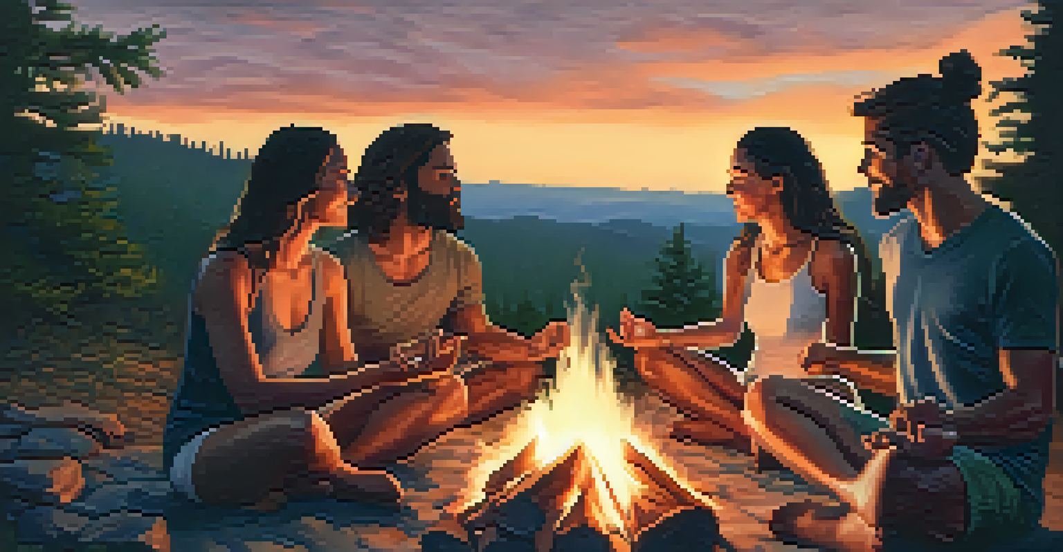Artists gathered around a campfire, sharing stories and experiences under a starlit sky.