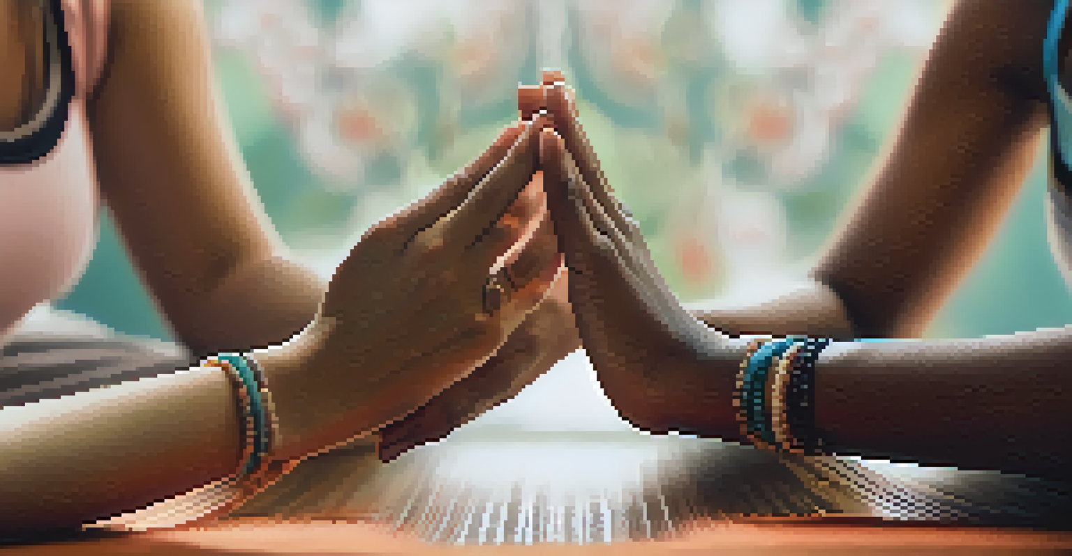 Close-up of two hands gently touching during a yoga class, representing trust and connection.