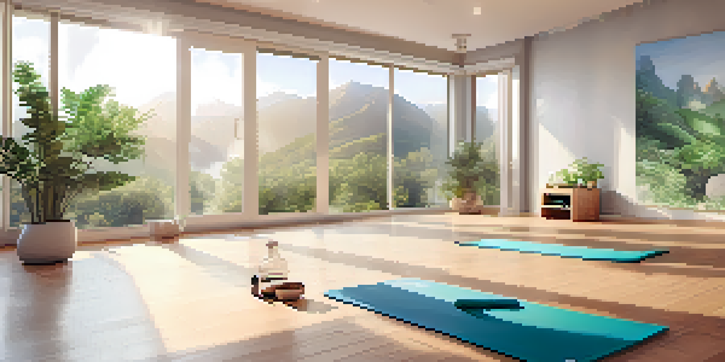 A peaceful yoga studio with soft light, a yoga mat with peppermint oil, and a diffuser creating a calming atmosphere.