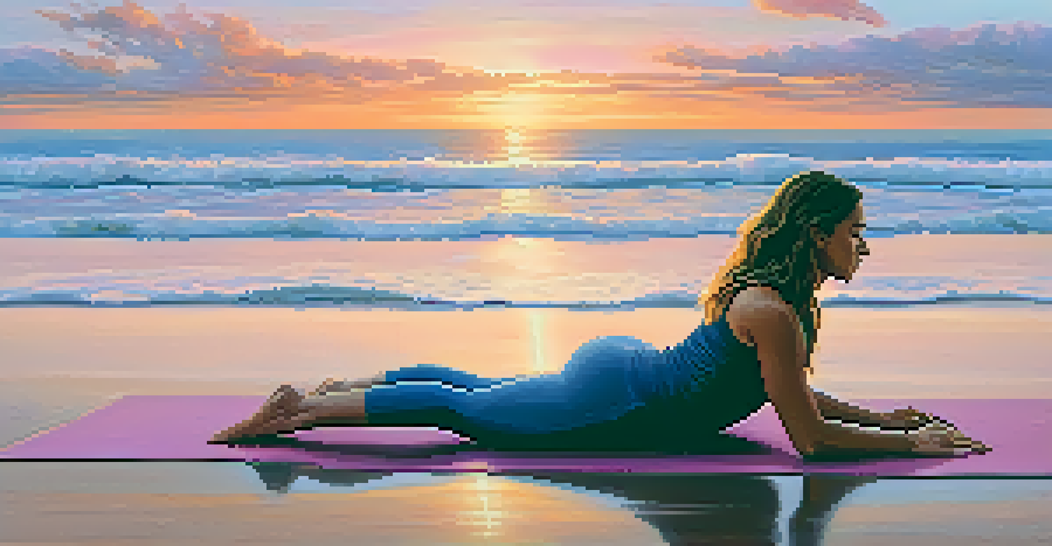 A young adult practicing Crow Pose on a beach at sunset, with vibrant colors in the sky and ocean waves in the background.