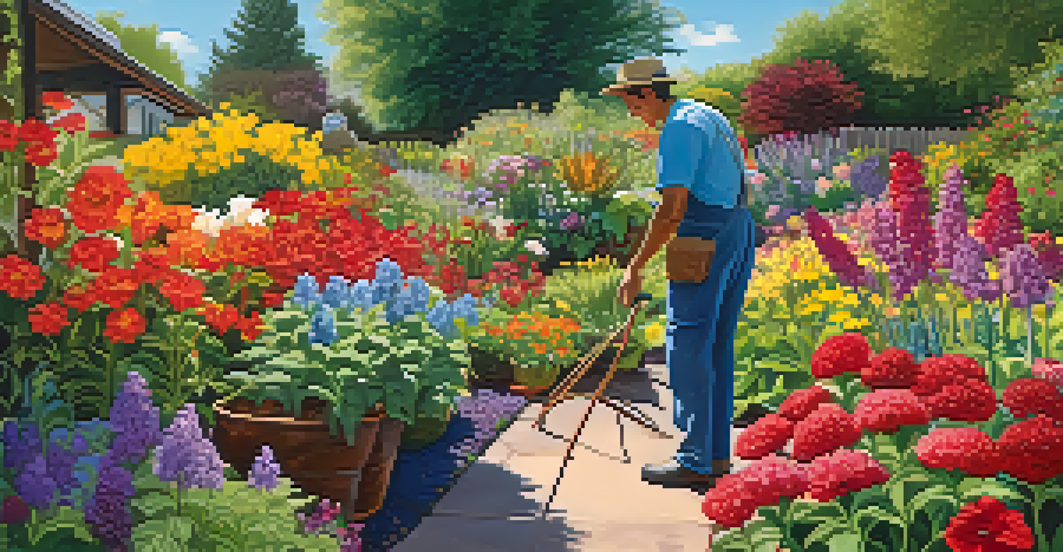 A colorful garden with a gardener nurturing blooming flowers under a clear sky.
