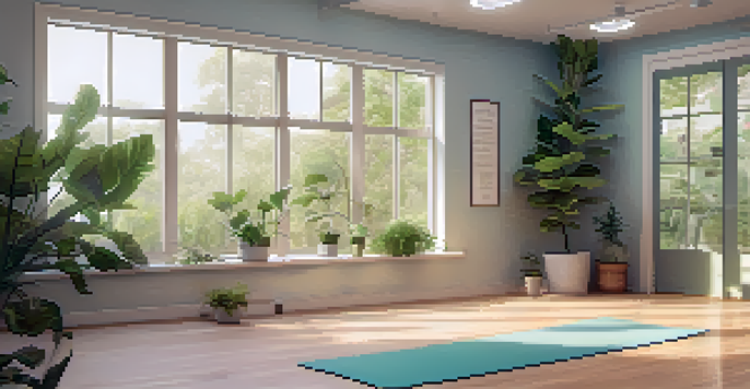 A peaceful yoga studio with a person meditating on a mat, surrounded by plants and affirmations on the walls.