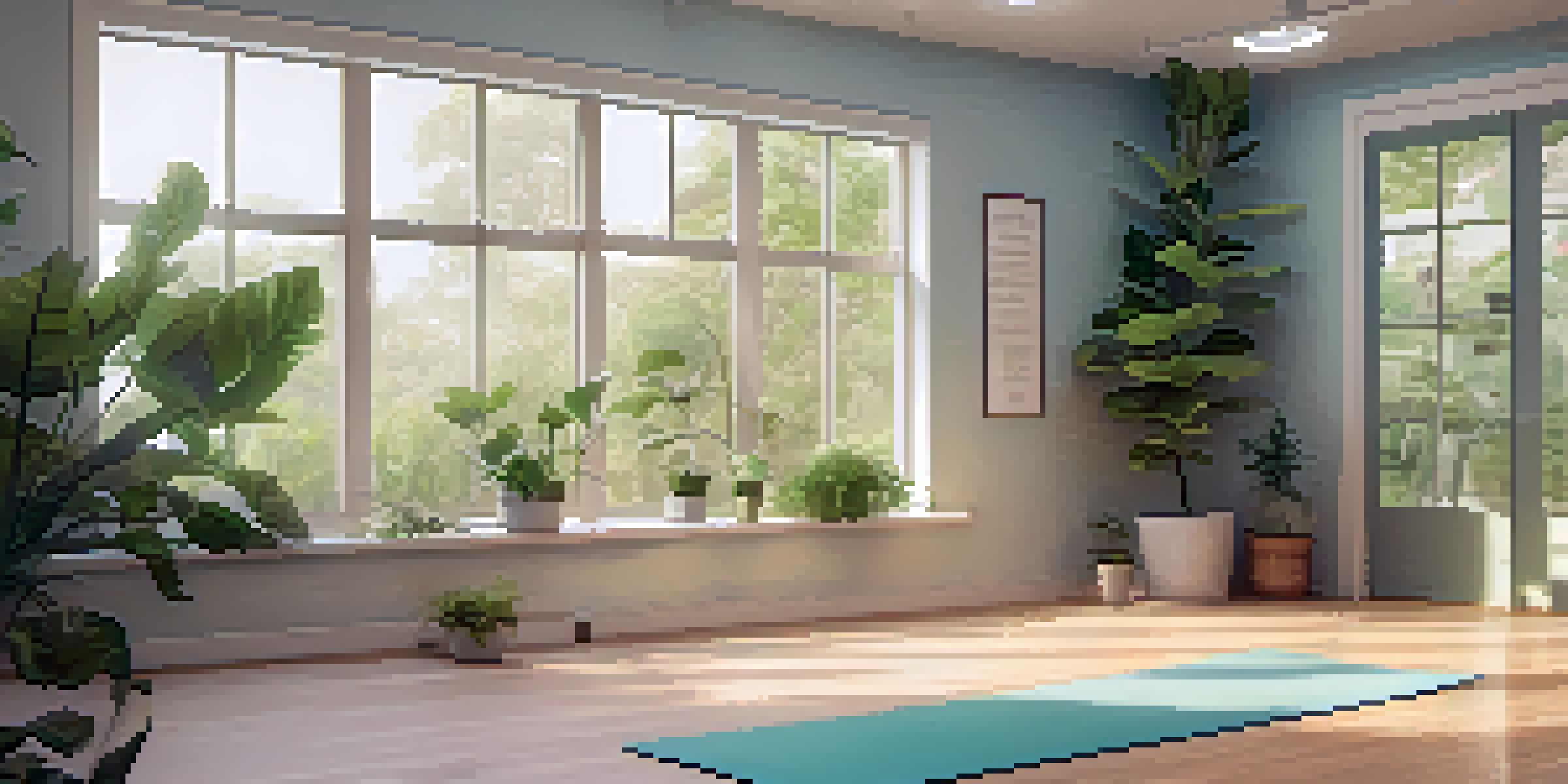 A peaceful yoga studio with a person meditating on a mat, surrounded by plants and affirmations on the walls.