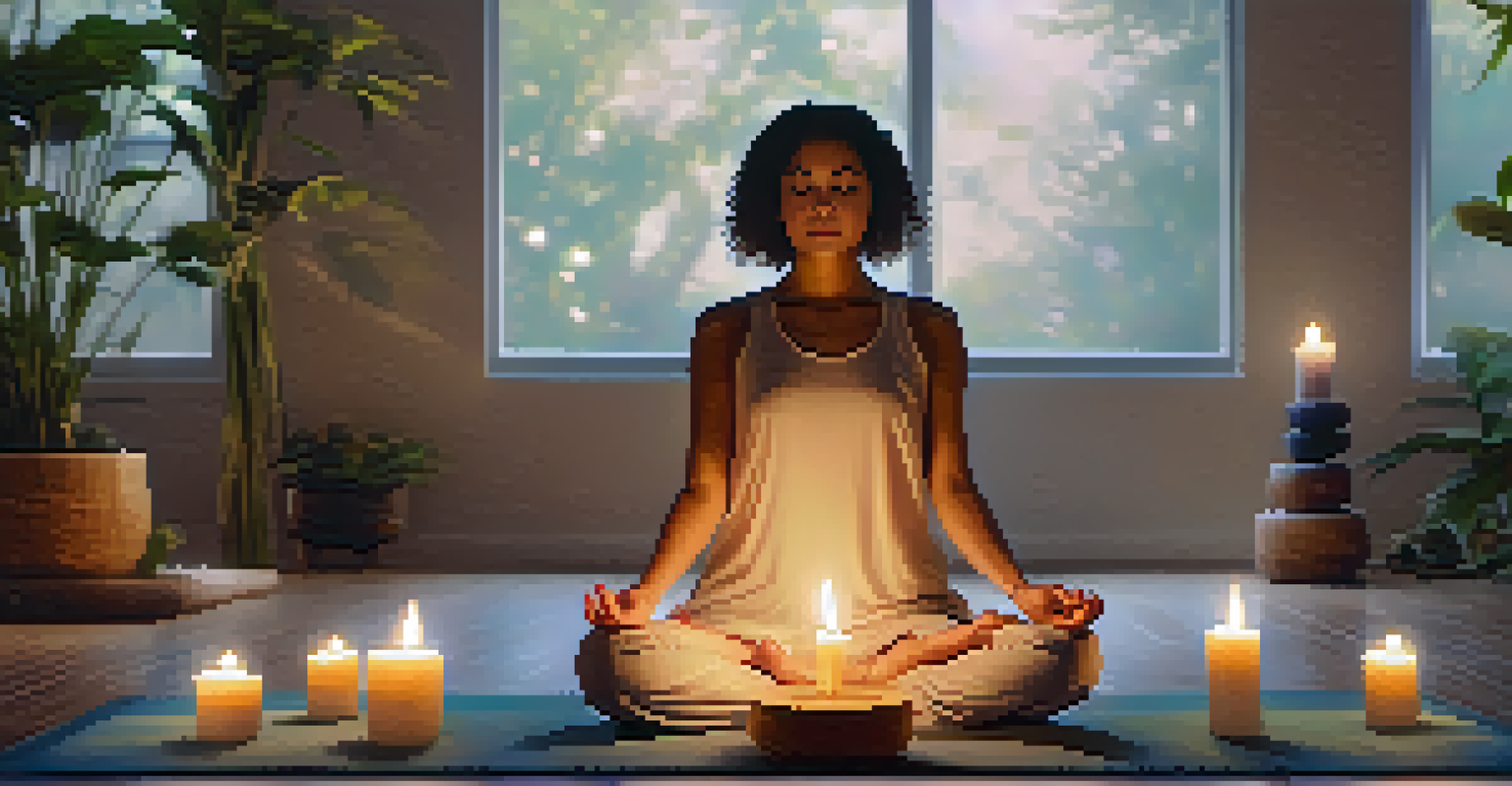 A person meditating on a yoga mat with a peaceful expression, surrounded by candles and plants.