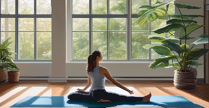 A person practicing yoga in a bright studio with plants, next to an open journal and a pen.