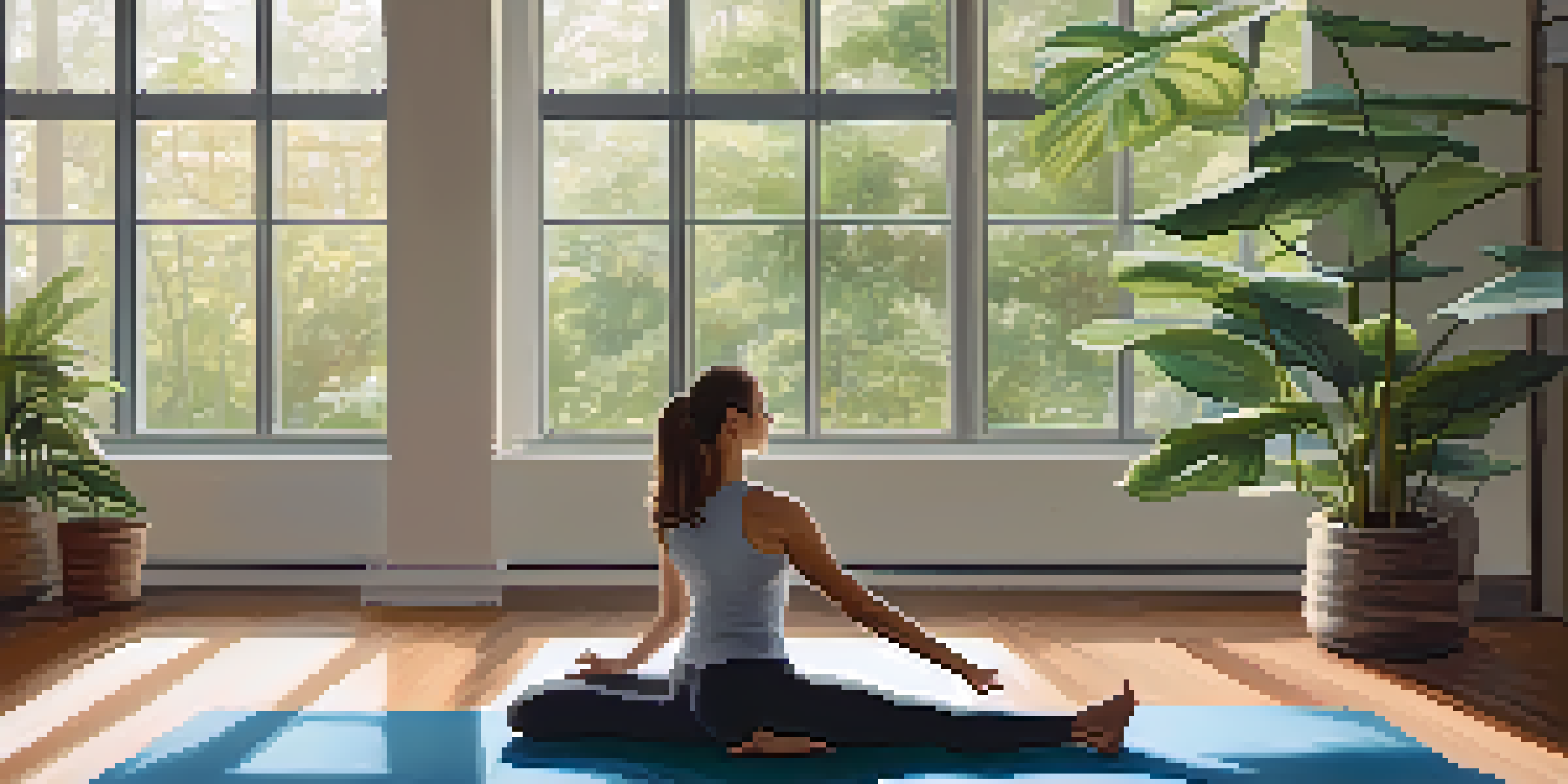 A person practicing yoga in a bright studio with plants, next to an open journal and a pen.