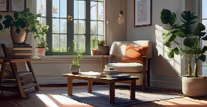 A cozy home corner designed for yoga journaling, featuring a chair, an open journal, plants, and sunlight.