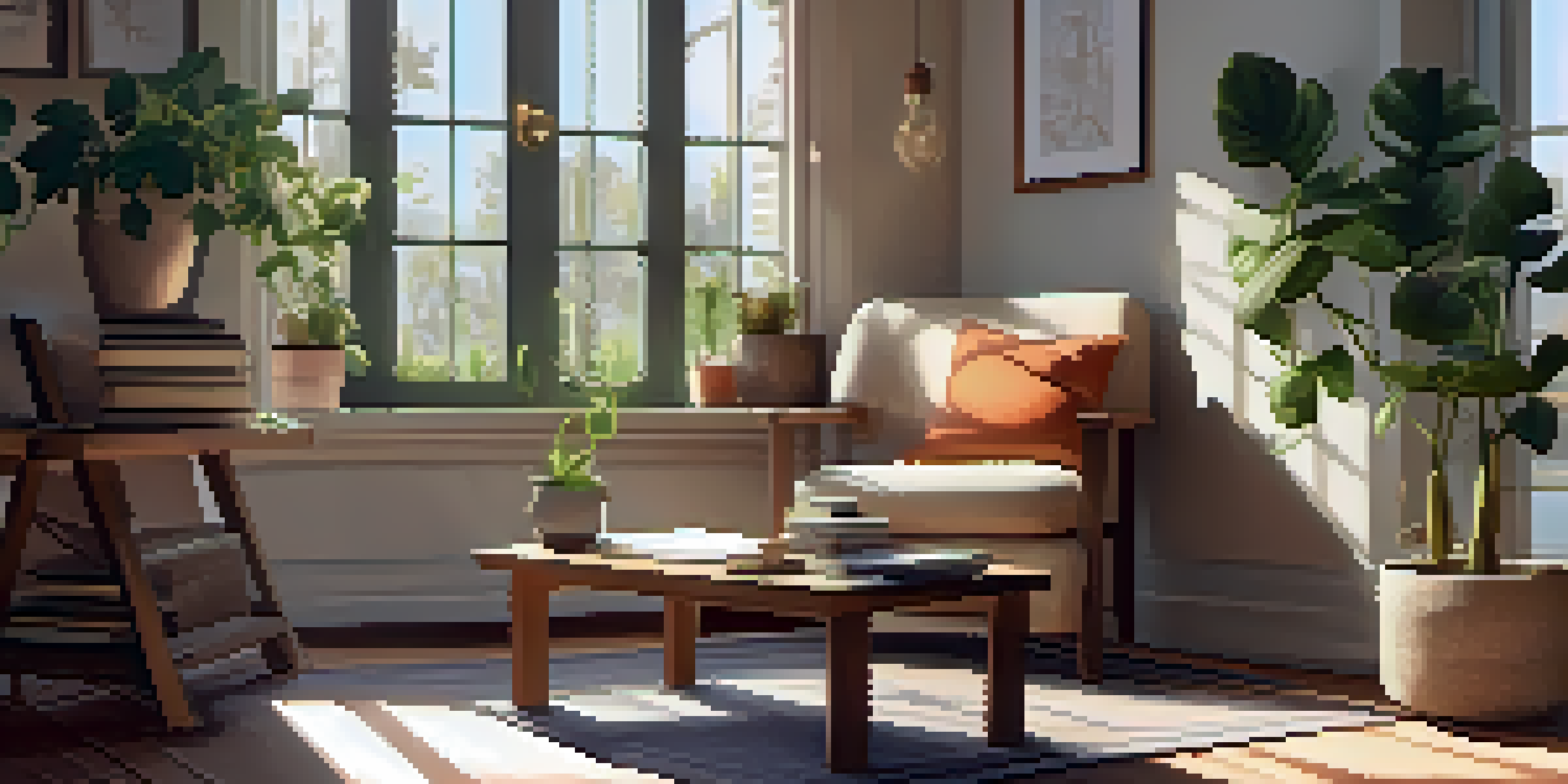 A cozy home corner designed for yoga journaling, featuring a chair, an open journal, plants, and sunlight.