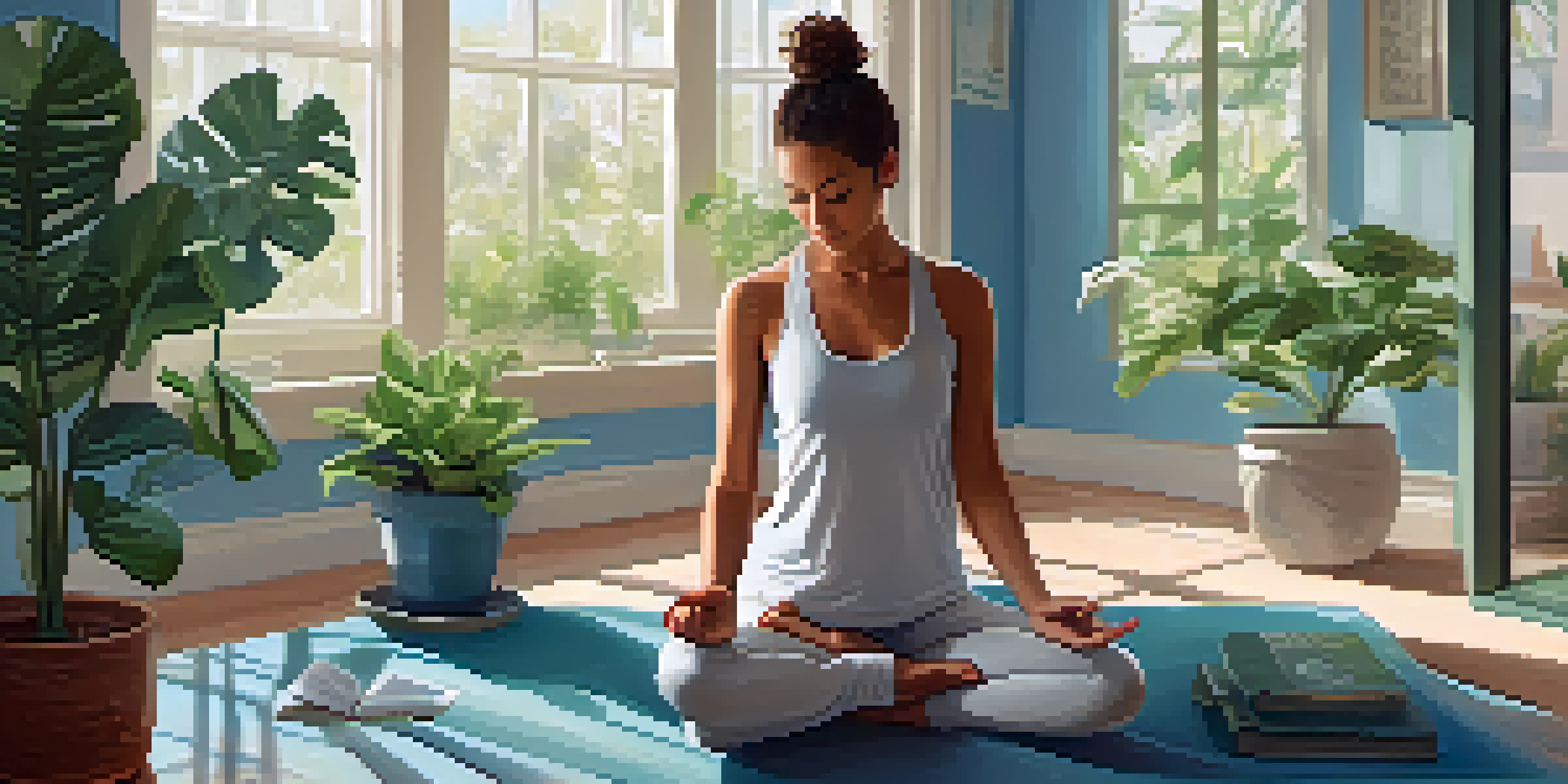 A peaceful yoga studio featuring a person in Child's Pose on a mat, surrounded by plants and an open journal.
