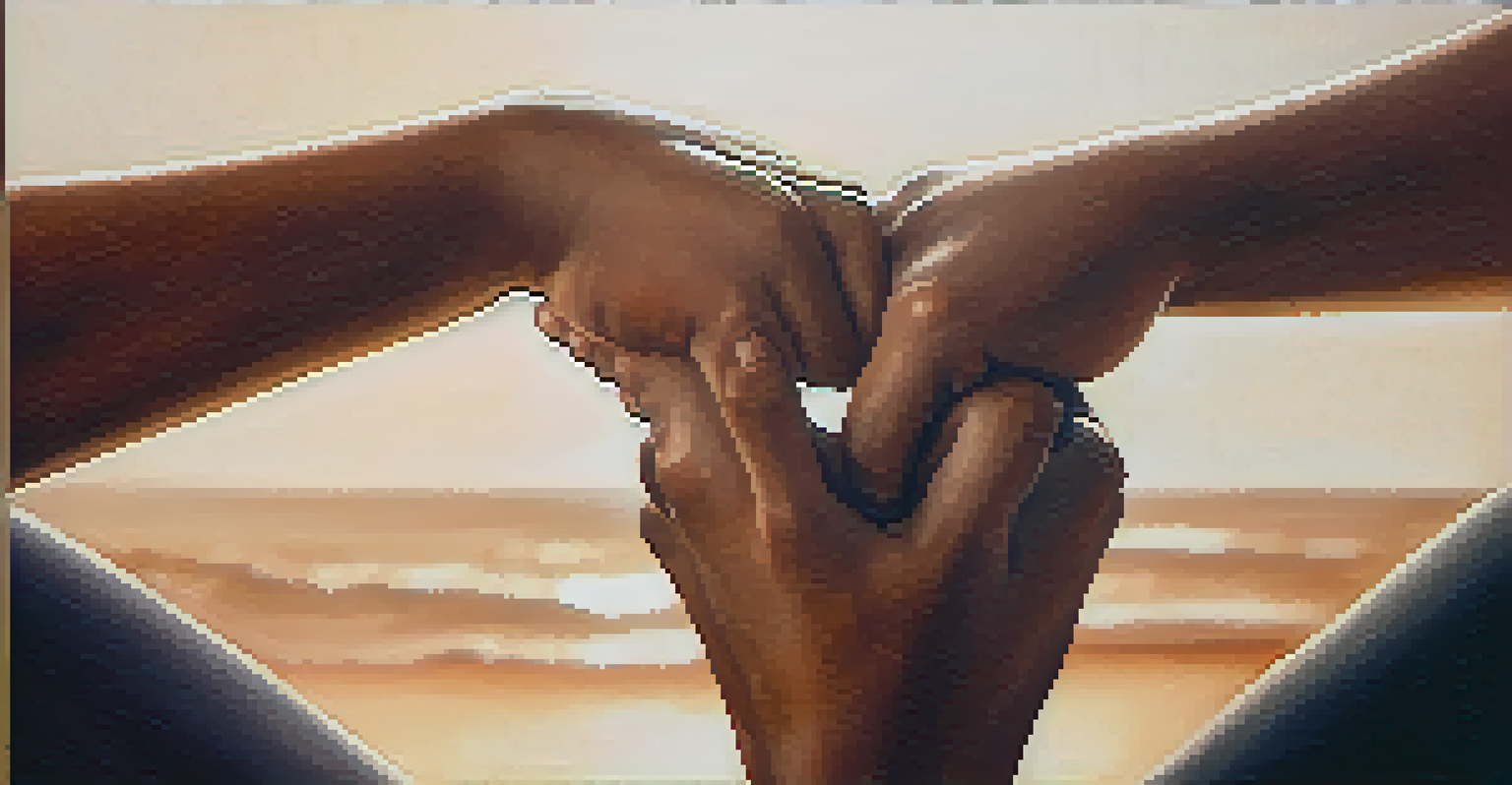 A close-up of two people holding hands in a partner yoga pose, showcasing trust and connection.
