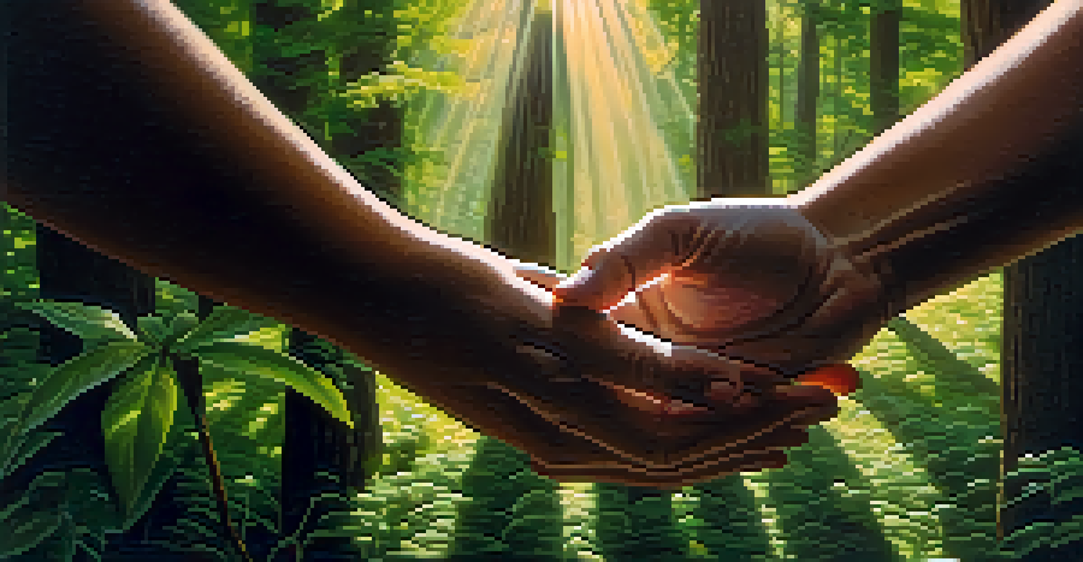 Close-up of hands in a meditative pose, surrounded by a forest with soft sunlight filtering through the trees.