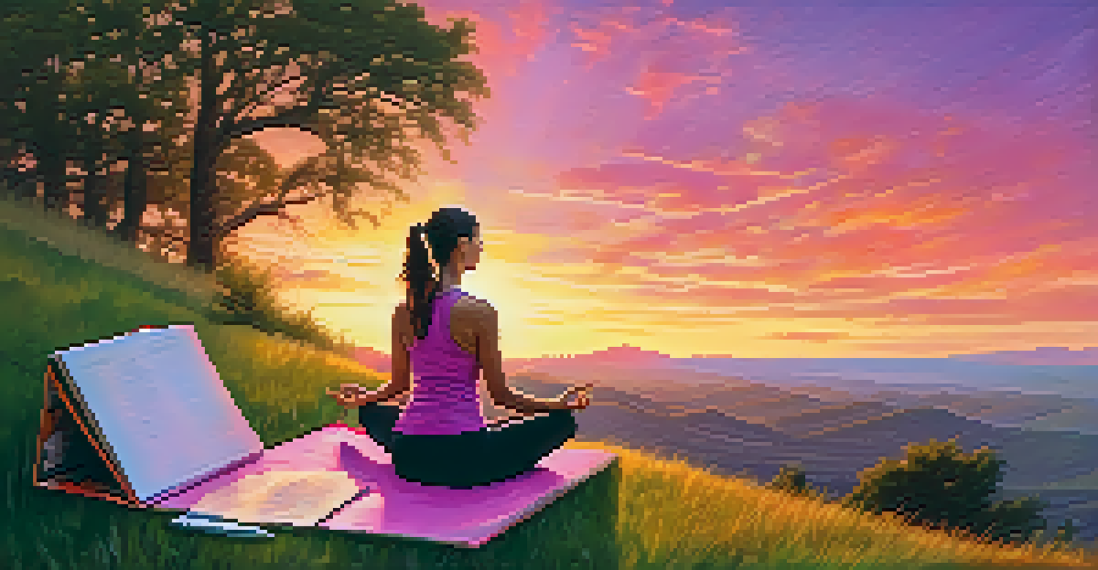 An artist practicing yoga on a hill at sunset, holding a sketchbook with colorful sky in the background.