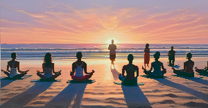 A diverse group of people practicing yoga at sunrise on a beach, with warm colors in the sky and gentle waves in the background.