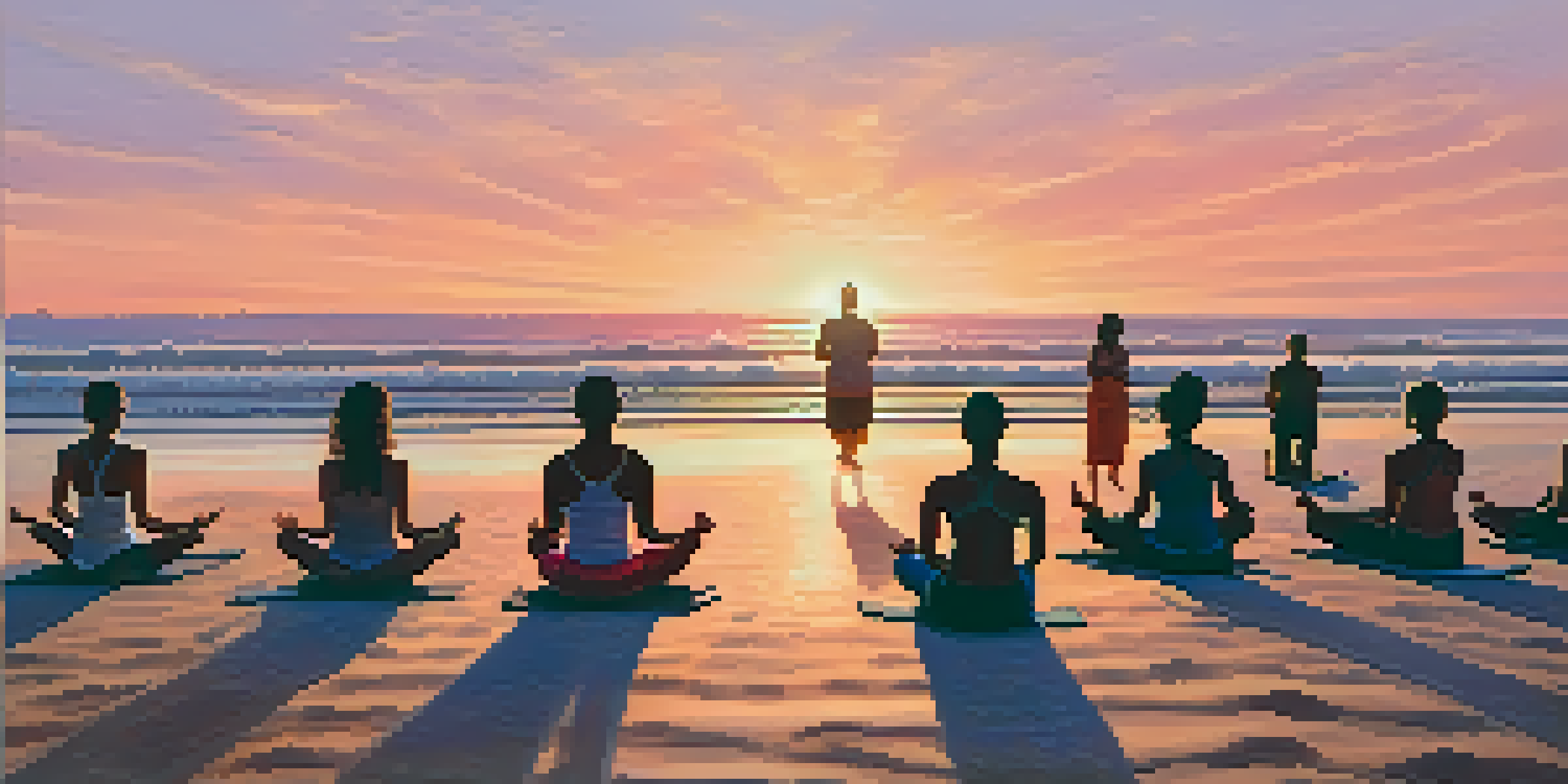 A diverse group of people practicing yoga at sunrise on a beach, with warm colors in the sky and gentle waves in the background.