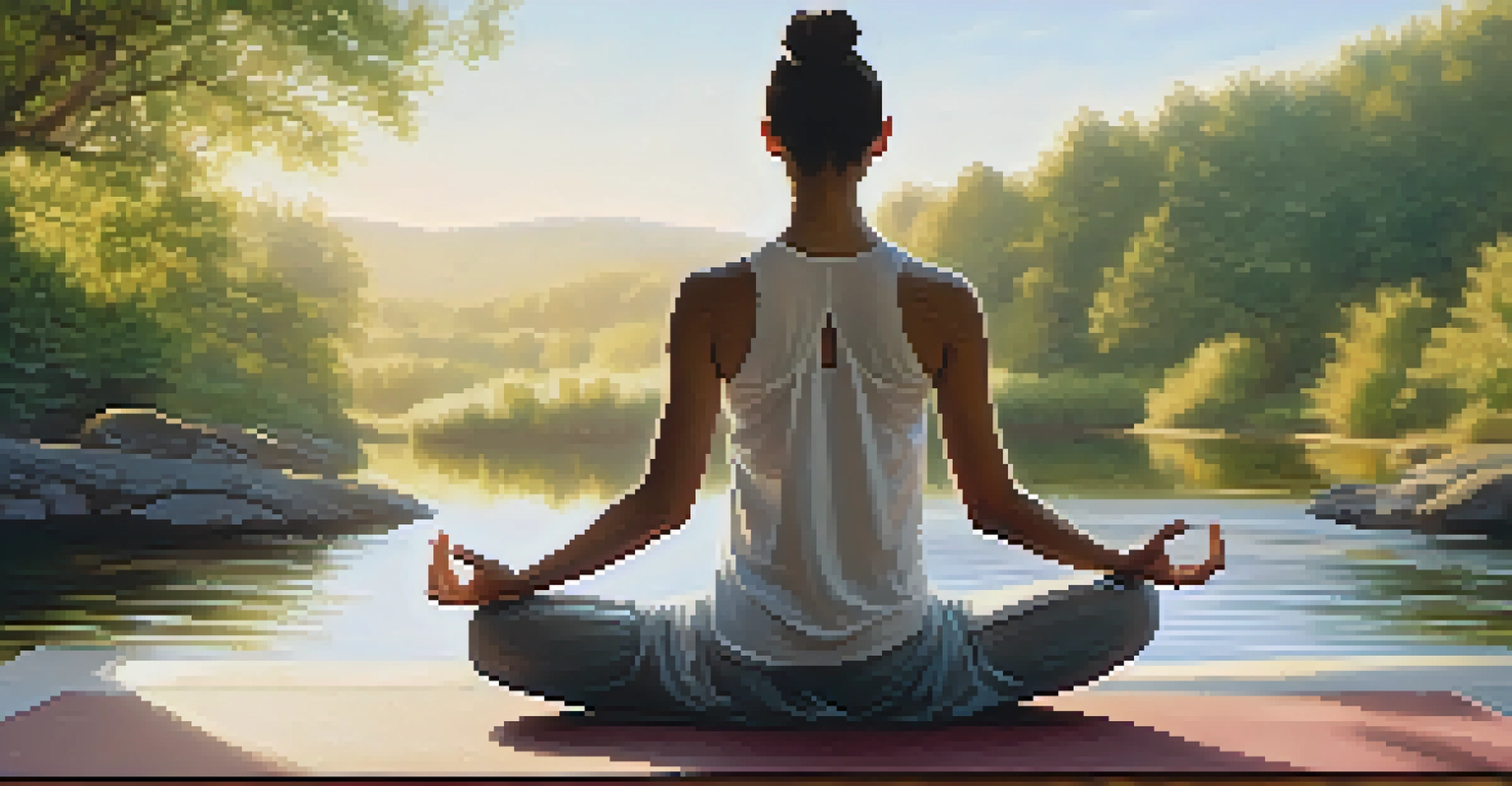 A close-up of a person in a meditative pose on a yoga mat, with a soft focus on their hands and a peaceful outdoor background.