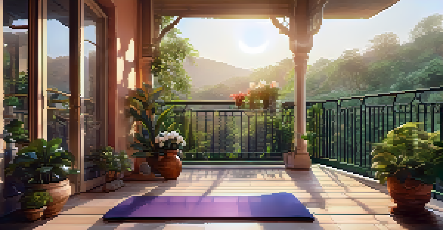 An outdoor yoga space on a balcony with a yoga mat and lush greenery in soft morning light.